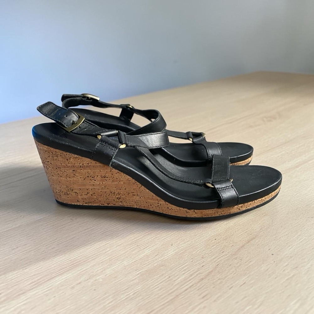 Teva Ysidro Cork Wedge Sandal Size 10 EU 41 Black Leather Ankle Strap 1011487